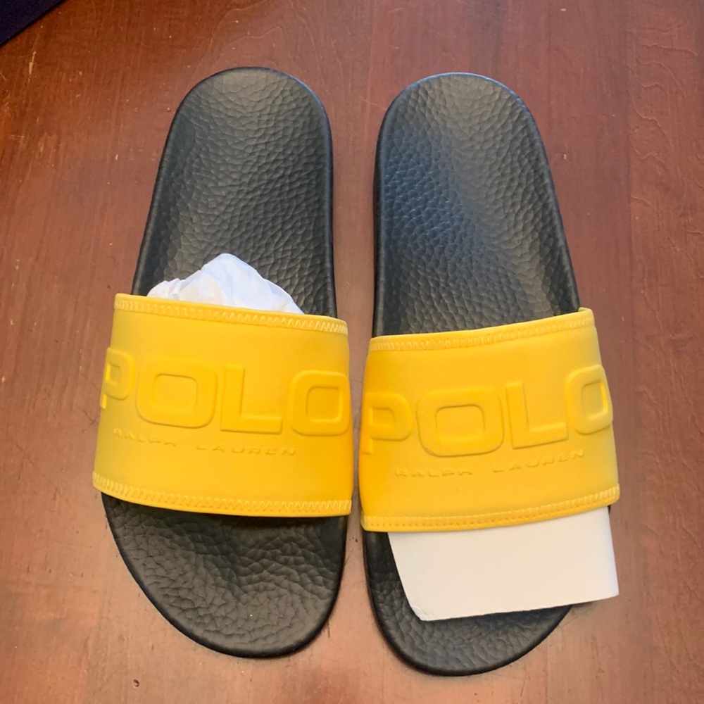 NIB Polo Ralph Lauren yellow men’s slides.